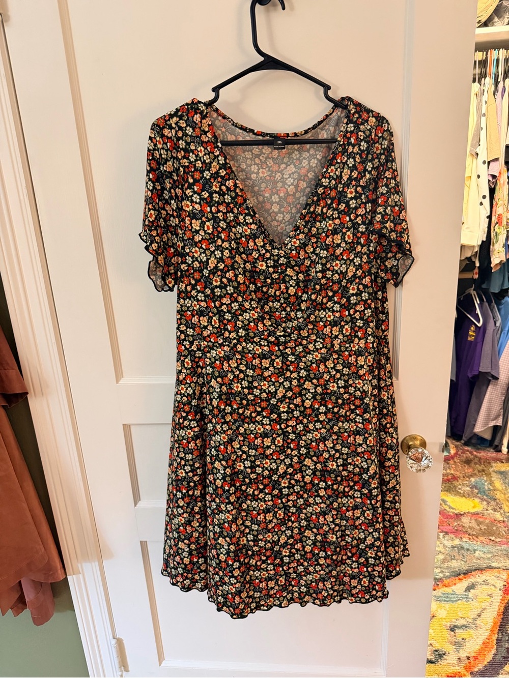 Floral V-Neck Short Sleeve Dress - Black with Red & Cream Blossoms